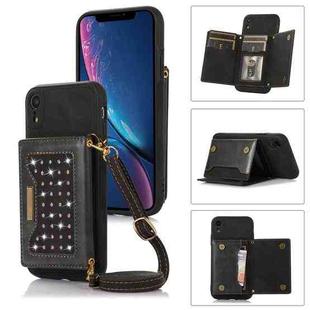 For iPhone XR Three-fold RFID Leather Phone Case with Lanyard(Black)