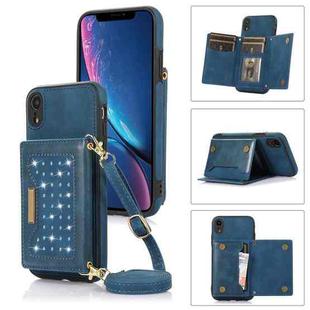 For iPhone XR Three-fold RFID Leather Phone Case with Lanyard(Blue)