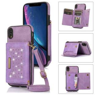 For iPhone XR Three-fold RFID Leather Phone Case with Lanyard(Purple)