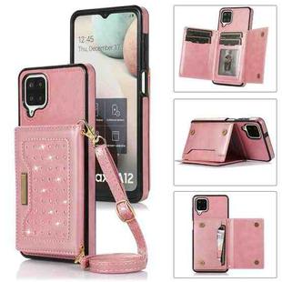 For Samsung Galaxy A12 Three-fold RFID Leather Phone Case with Lanyard(Rose Gold)