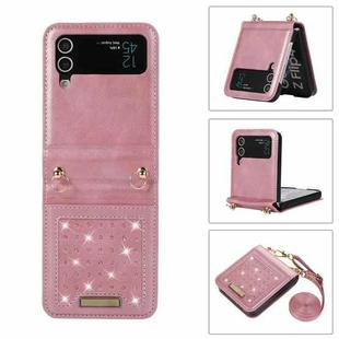 For Samsung Galaxy Z Flip4 Three-fold RFID Leather Phone Case with Lanyard(Rose Gold)