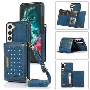 For Samsung Galaxy S22 Three-fold RFID Leather Phone Case with Lanyard(Blue)