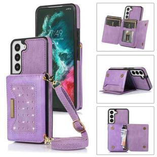 For Samsung Galaxy S22 Three-fold RFID Leather Phone Case with Lanyard(Purple)