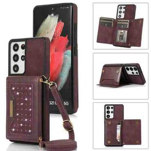 For Samsung Galaxy S21 Ultra Three-fold RFID Leather Phone Case with Lanyard(Red)