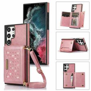 For Samsung Galaxy S22 Ultra Three-fold RFID Leather Phone Case with Lanyard(Rose Gold)