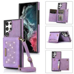 For Samsung Galaxy S22 Ultra Three-fold RFID Leather Phone Case with Lanyard(Purple)
