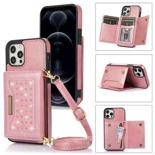 For iPhone 12 Pro Three-fold RFID Leather Phone Case with Lanyard(Rose Gold)