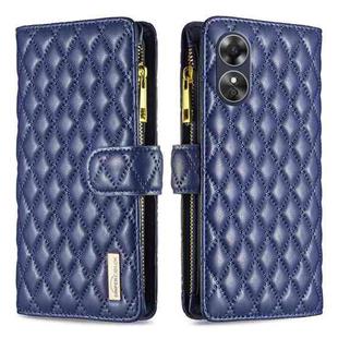 For OPPO A17 Diamond Lattice Zipper Wallet Leather Flip Phone Case(Blue)