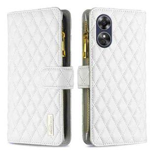 For OPPO A17 Diamond Lattice Zipper Wallet Leather Flip Phone Case(White)