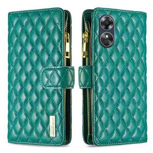 For OPPO A17 Diamond Lattice Zipper Wallet Leather Flip Phone Case(Green)