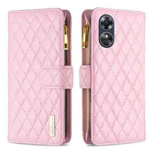 For OPPO A17 Diamond Lattice Zipper Wallet Leather Flip Phone Case(Pink)