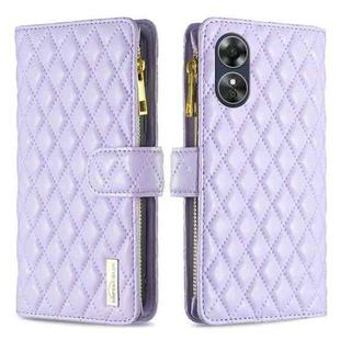 For OPPO A17 Diamond Lattice Zipper Wallet Leather Flip Phone Case(Purple)