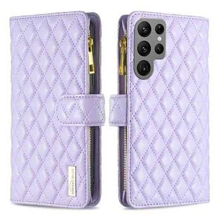 For Samsung Galaxy S23 Ultra 5G Diamond Lattice Zipper Wallet Leather Flip Phone Case(Purple)