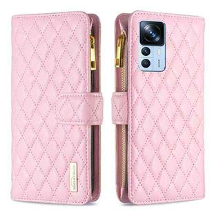 For Xiaomi 12T / 12T Pro / Redmi K50 Ultra Diamond Lattice Zipper Wallet Leather Flip Phone Case(Pink)