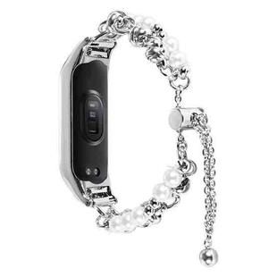 For Xiaomi Mi Band 3 / 4 Double Pearl Bead String Metal Watch Band(Silver)