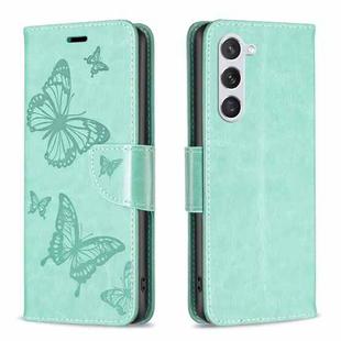 For Samsung Galaxy S23 5 Embossing Two Butterflies Pattern Leather Case(Green)