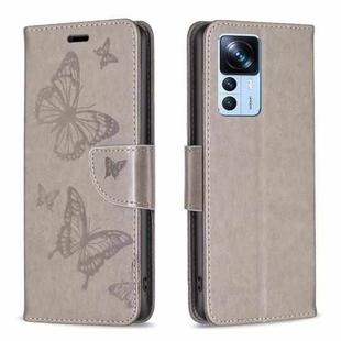 For Xiaomi 12T / 12T Pro / Redmi K50 Ultra Embossing Two Butterflies Pattern Leather Case(Grey)