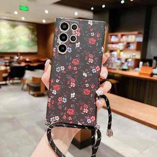 For Samsung Galaxy S22 5G Small Floral Lanyard Phone Case(Black Red Flower)