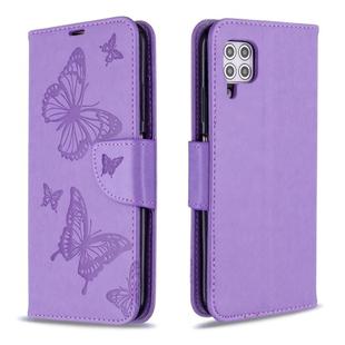 For Huawei P40 Lite Two Butterflies Embossing Pattern Horizontal Flip Leather Case with Holder & Card Slot & Wallet & Lanyard(Purple)