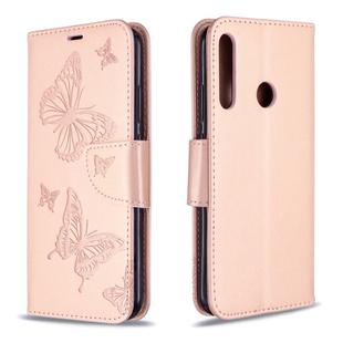 For Huawei P40 Lite E / Y7P Two Butterflies Embossing Pattern Horizontal Flip Leather Case with Holder & Card Slot & Wallet & Lanyard(Rose Gold)