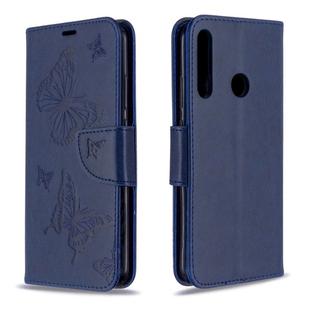 For Huawei P40 Lite E / Y7P Two Butterflies Embossing Pattern Horizontal Flip Leather Case with Holder & Card Slot & Wallet & Lanyard(Dark Blue)