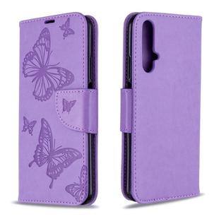 For Huawei Honor 20S Two Butterflies Embossing Pattern Horizontal Flip Leather Case with Holder & Card Slot & Wallet & Lanyard(Purple)