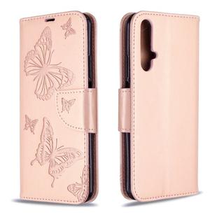 For Huawei Honor 20S Two Butterflies Embossing Pattern Horizontal Flip Leather Case with Holder & Card Slot & Wallet & Lanyard(Rose Gold)