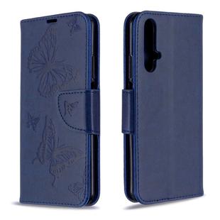 For Huawei Honor 20S Two Butterflies Embossing Pattern Horizontal Flip Leather Case with Holder & Card Slot & Wallet & Lanyard(Dark Blue)