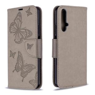 For Huawei Honor 20S Two Butterflies Embossing Pattern Horizontal Flip Leather Case with Holder & Card Slot & Wallet & Lanyard(Grey)