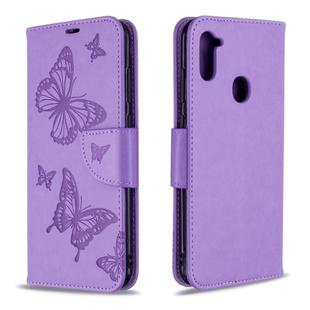 For Galaxy A11 Two Butterflies Embossing Pattern Horizontal Flip Leather Case with Holder & Card Slot & Wallet & Lanyard(Purple)