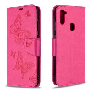 For Galaxy A11 Two Butterflies Embossing Pattern Horizontal Flip Leather Case with Holder & Card Slot & Wallet & Lanyard(Rose Red)