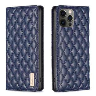 For iPhone 12 / 12 Pro Diamond Lattice Magnetic Leather Flip Phone Case(Blue)