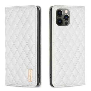For iPhone 12 / 12 Pro Diamond Lattice Magnetic Leather Flip Phone Case(White)