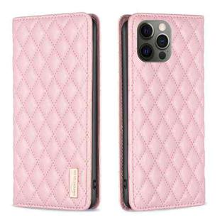 For iPhone 12 / 12 Pro Diamond Lattice Magnetic Leather Flip Phone Case(Pink)