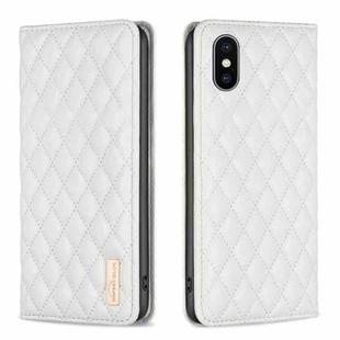 For iPhone XS Max Diamond Lattice Magnetic Leather Flip Phone Case(White)