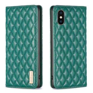 For iPhone XS Max Diamond Lattice Magnetic Leather Flip Phone Case(Green)