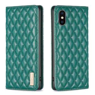 For iPhone XS / X Diamond Lattice Magnetic Leather Flip Phone Case(Green)
