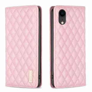 For iPhone XR Diamond Lattice Magnetic Leather Flip Phone Case(Pink)
