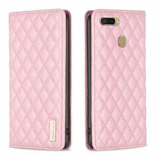 For OPPO A7 Diamond Lattice Magnetic Leather Flip Phone Case(Pink)