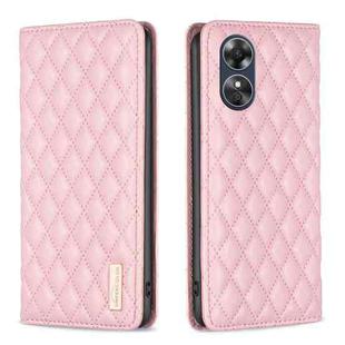For OPPO A17 Diamond Lattice Magnetic Leather Flip Phone Case(Pink)