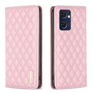 For OPPO Reno7 5G / Find X5 Lite Diamond Lattice Magnetic Leather Flip Phone Case(Pink)