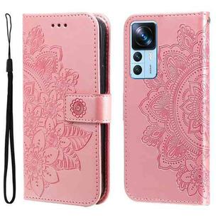 For Xiaomi 12T / 12T Pro / Redmi K50 Ultra 7-petal Flowers Embossing Leather Phone Case(Rose Gold)