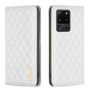 For Samsung Galaxy S20 Ultra Diamond Lattice Magnetic Leather Flip Phone Case(White)