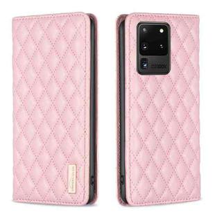 For Samsung Galaxy S20 Ultra Diamond Lattice Magnetic Leather Flip Phone Case(Pink)
