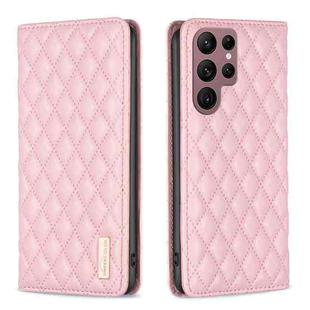 For Samsung Galaxy S22 Ultra 5G Diamond Lattice Magnetic Leather Flip Phone Case(Pink)