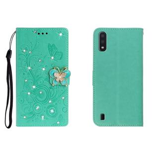 For Galaxy A01 Horizontal Rhinestone Butterfly Embossed Leather Case with Card Slot & Wallet & Holder(Green)