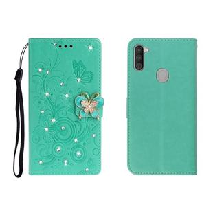 For OPPO A11 Horizontal Rhinestone Butterfly Embossed Leather Case with Card Slot & Wallet & Holder(Green)