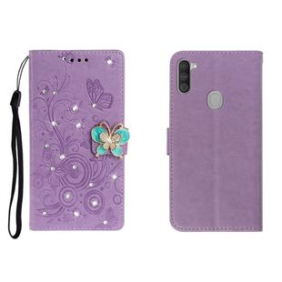 For OPPO A11 Horizontal Rhinestone Butterfly Embossed Leather Case with Card Slot & Wallet & Holder(Purple)