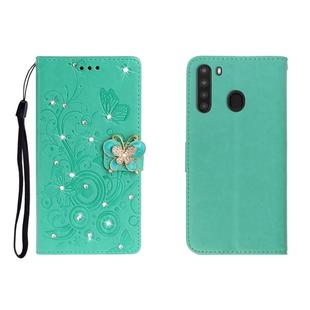 For Galaxy A21 Horizontal Rhinestone Butterfly Embossed Leather Case with Card Slot & Wallet & Holder(Green)