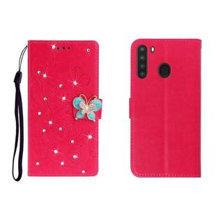 For Galaxy A21 Horizontal Rhinestone Butterfly Embossed Leather Case with Card Slot & Wallet & Holder(Red)